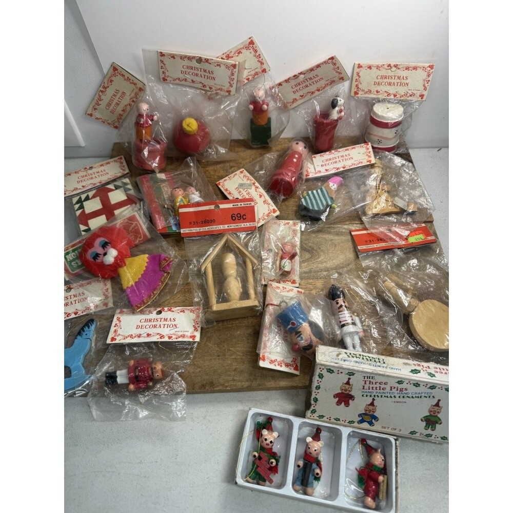Vintage Lot of 23 Wooden Christmas Ornaments New Old Stock Woolworths?